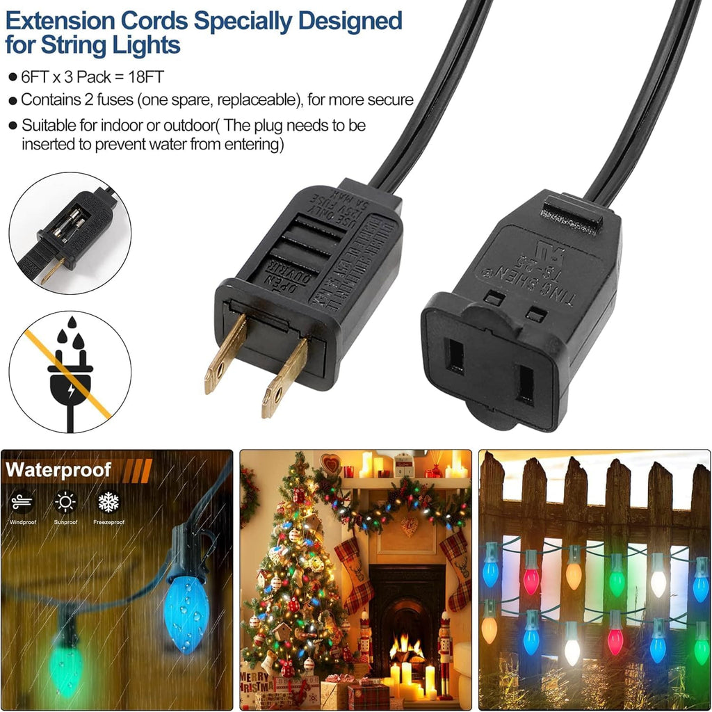 3 Pack Black Extension Cord 6 Feet Waterproof, 2 Prong Extension Cords with 2 Pole Brass Straight Blades Polarized Plug Short Extension Cords, for Connect/Extend String Light Indoor Outdoor (18Ft)