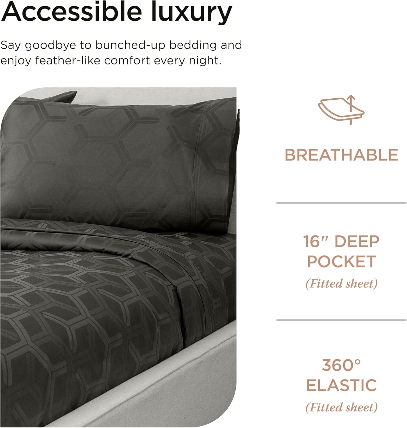 Threadmill 100% Cotton Sheets for Full Size Bed - 600 Thread Count Full Bed Sheets Set with 16” Deep Pocket - Jacquard Sateen Weave 4-Piece Bedding Set with Cooling Effect, Dark Grey
