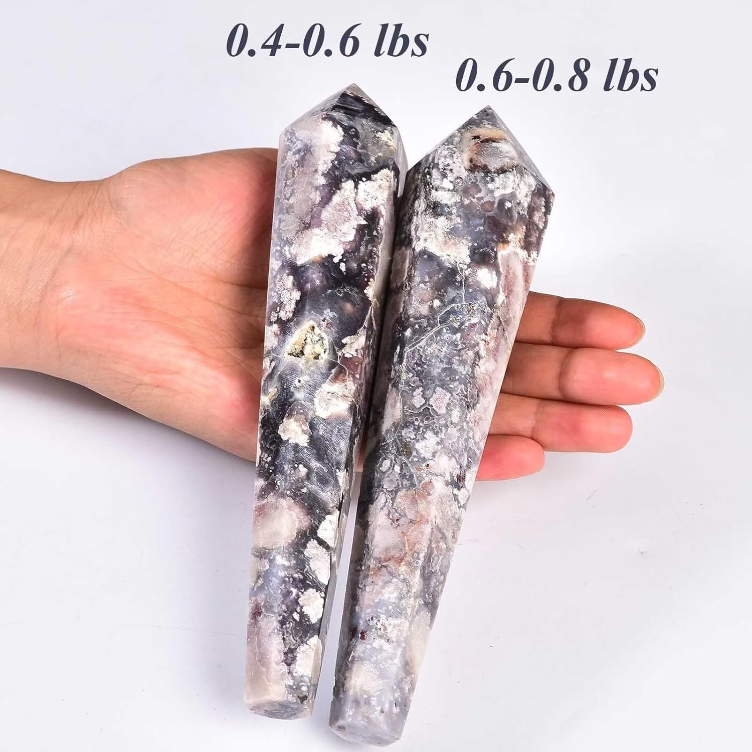 Blue Flower Agate Wand Point Long Healing Crystal Scepter Decorative Stone Reiki Meditation with Display Stand Home Office Decor 0.4-0.6LBS