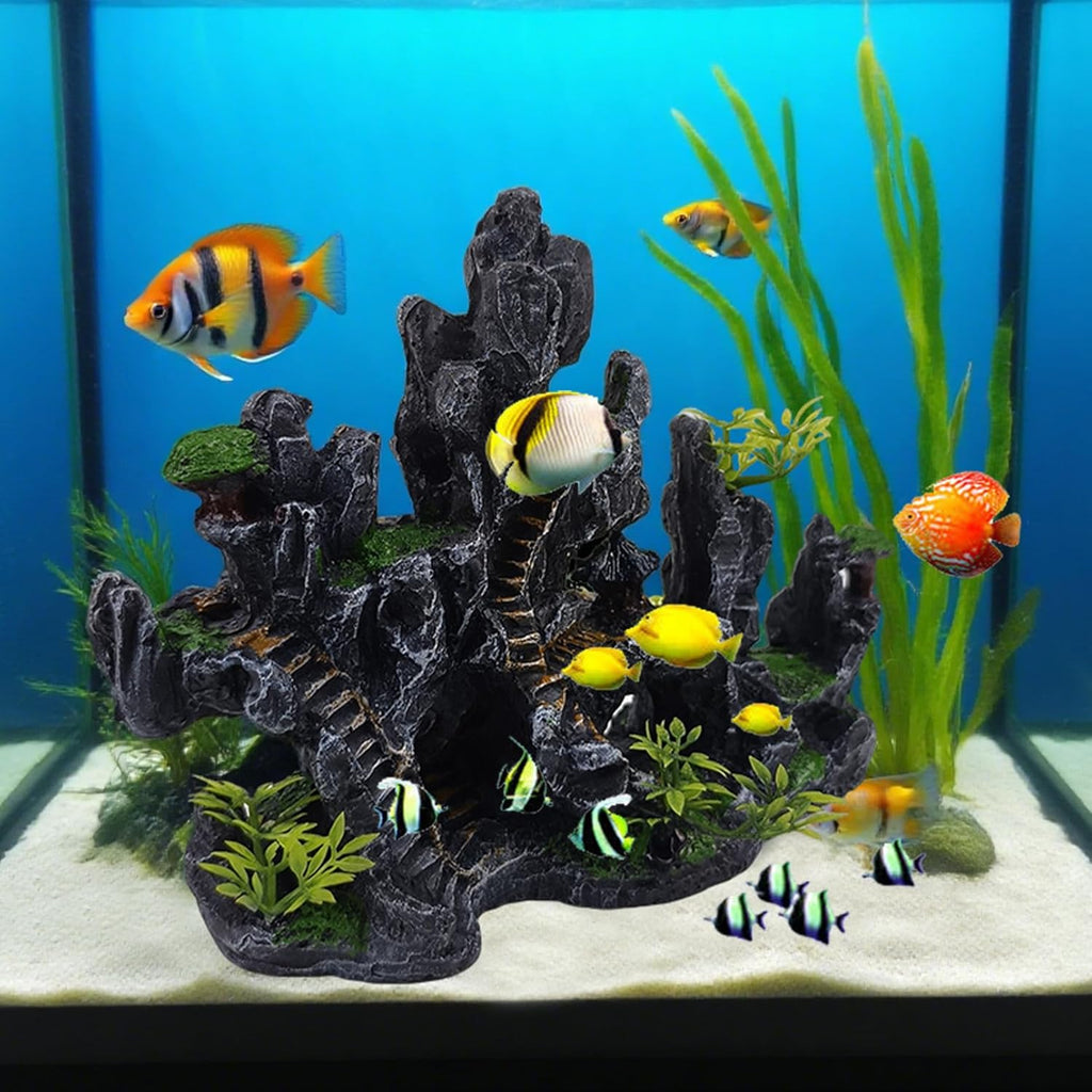 Aquarium Ornaments View Mountain,Fish Tank Decorations Resin Rock Landscape Artificial Stone Aquarium Decor with Plant Cave for Small Fish Shrimp