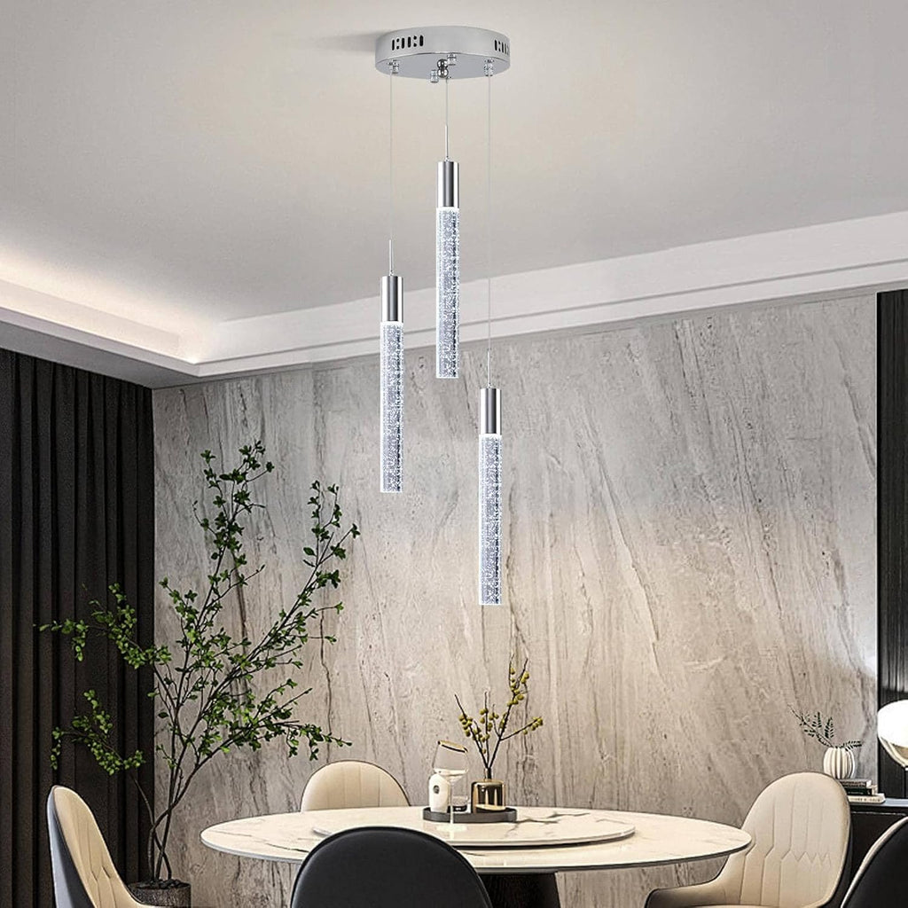Modern Crystal Chandelier 3-Lights, Spiral LED Raindrop Kitchen Island Pendant Lighting, Bubble Foyer Dinimg Room Hanging Light Fixture Remote Control Chrome