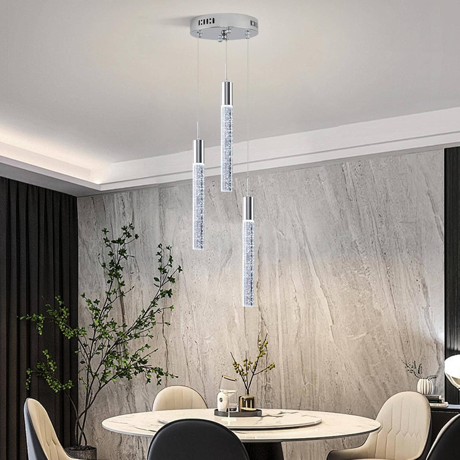 Modern Crystal Chandelier 3-Lights, Spiral LED Raindrop Kitchen Island Pendant Lighting, Bubble Foyer Dinimg Room Hanging Light Fixture Remote Control Chrome