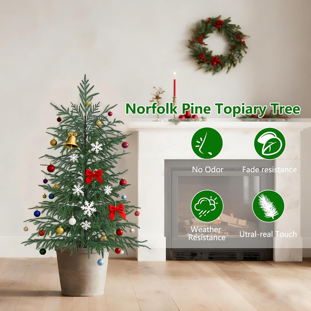 2 Pack 4FT Artificial Norfolk Pine Tree, Realistic UV Rated Shrubs Fake Potted Plants Faux Bushes for Christmas Decorations Outdoor Indoor Home Front Porch Decor