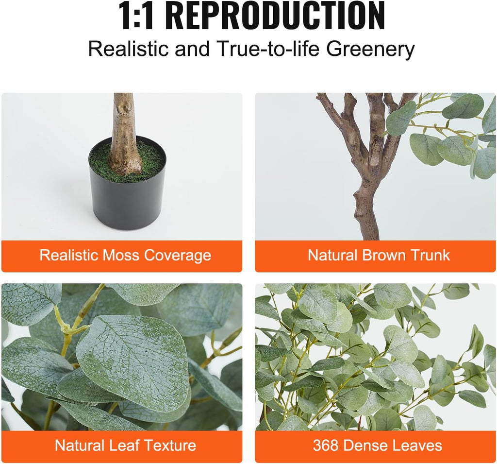 VEVOR Artificial Eucalyptus Tree, 6 FT Faux Plant, Secure PE Material & Anti-Tip Tilt Protection Low-Maintenance Plant, Lifelike Green Fake Potted Tree for Home Office Christmas Decor Indoor Outdoor