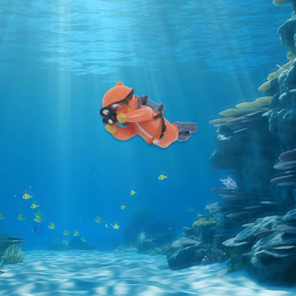 Diver Aquarium Decorations, Floating Diver Fish Tank Decorations, Floating Cartoon Diver Decor, Fun Floating Fish Decoration, PVC Diver Decor, Orange, 1 Set