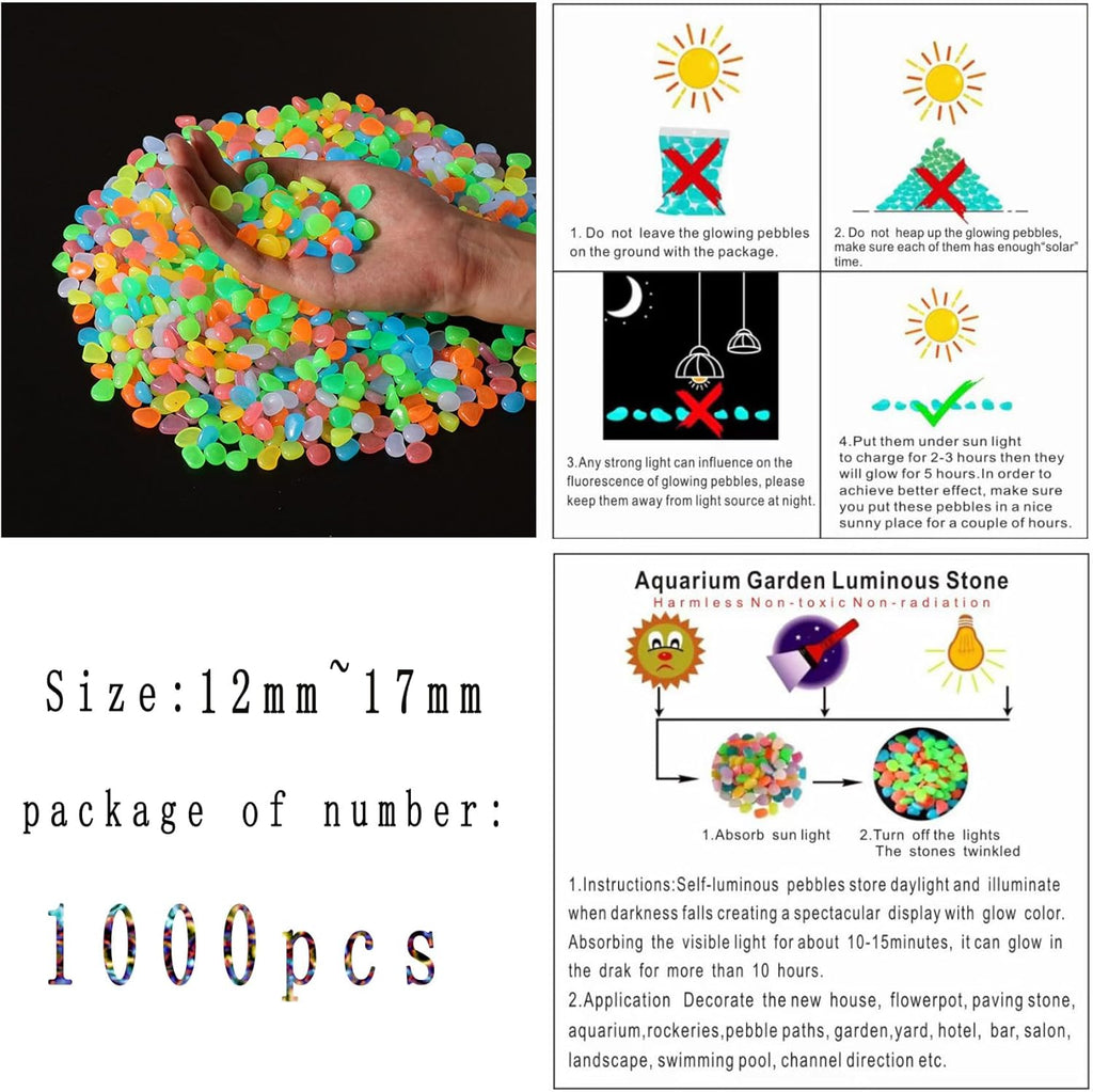 Glow in The Dark Stones 1000 Pcs Glow Pebbles Aquarium Rocks for Fish Tank Lawn Yard Garden Walkway Plant Pots (Rainbow)
