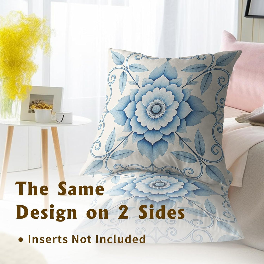 Boho Chic Blue White Floral Throw Pillow Covers Set of 2 Ultra-Soft All-Season Pillow Shams with Hidden Zipper,Durable for Sofa Bed Car Decor & Gift Luxury 18x18IN