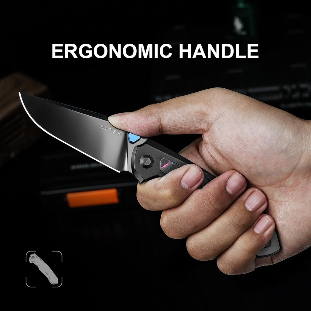 Kizer Feweed Pocket Knife, 2.98" S45VN Clip Point Blade Folding Knife with Titanium Handle with CamoCarbon 80s Inlay, Front Flipper & Thumb Stud Opener EDC Knives for Camping Hiking KI3694A3