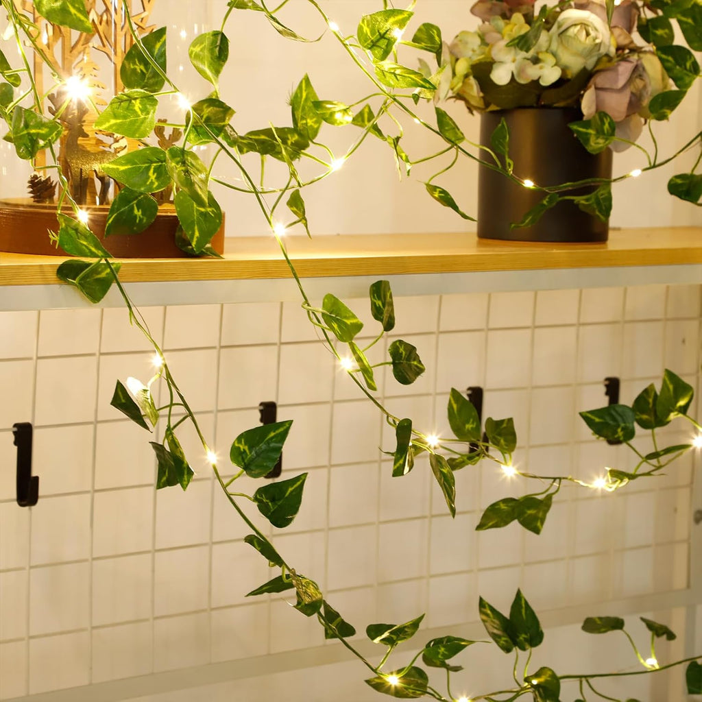 33ft 100 LED Pothos String Lights with Remote, Vine with Fairy Lights Battery Operated，Leaf for Bedroom Garden Party Wall Room Decor(Warm White)