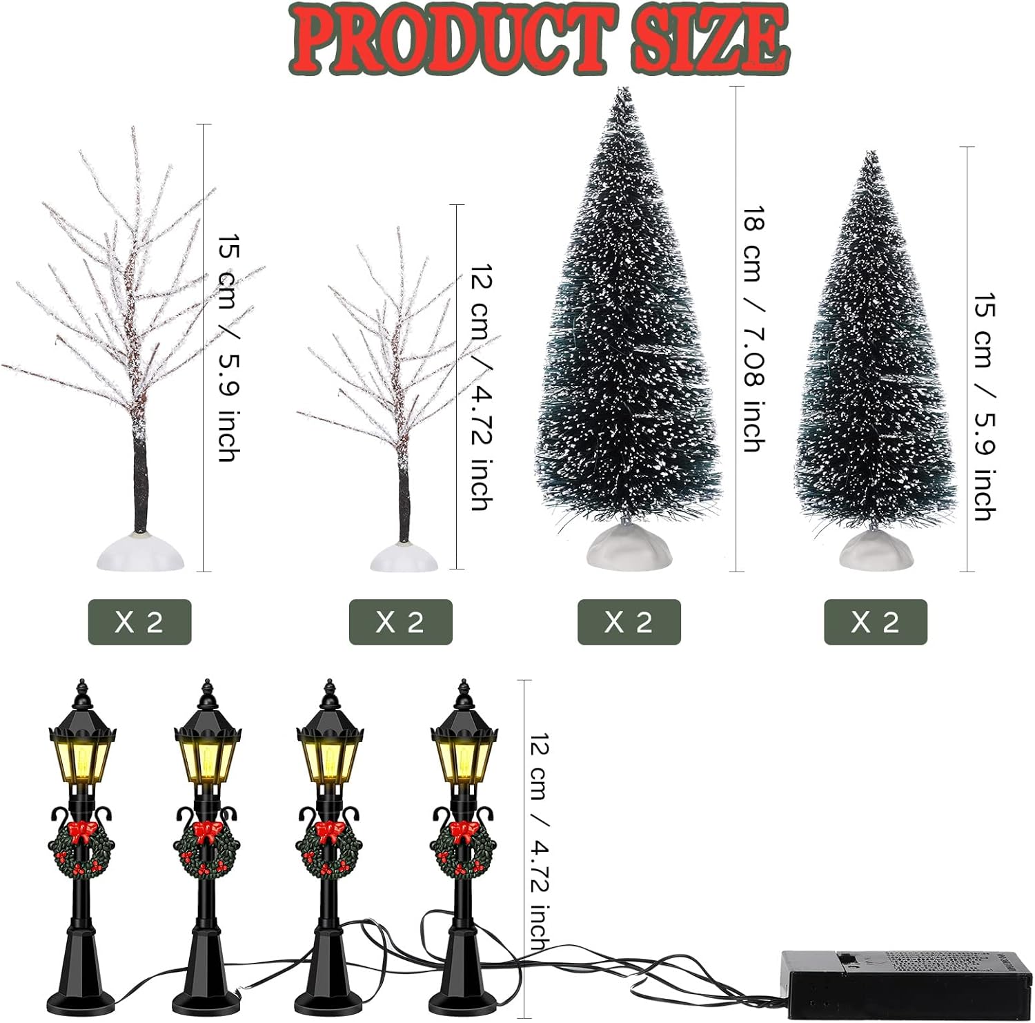Couome Christmas Village Decor Set, 12 Pieces Including Mini Trees and Street Lamps, Ideal for Displays