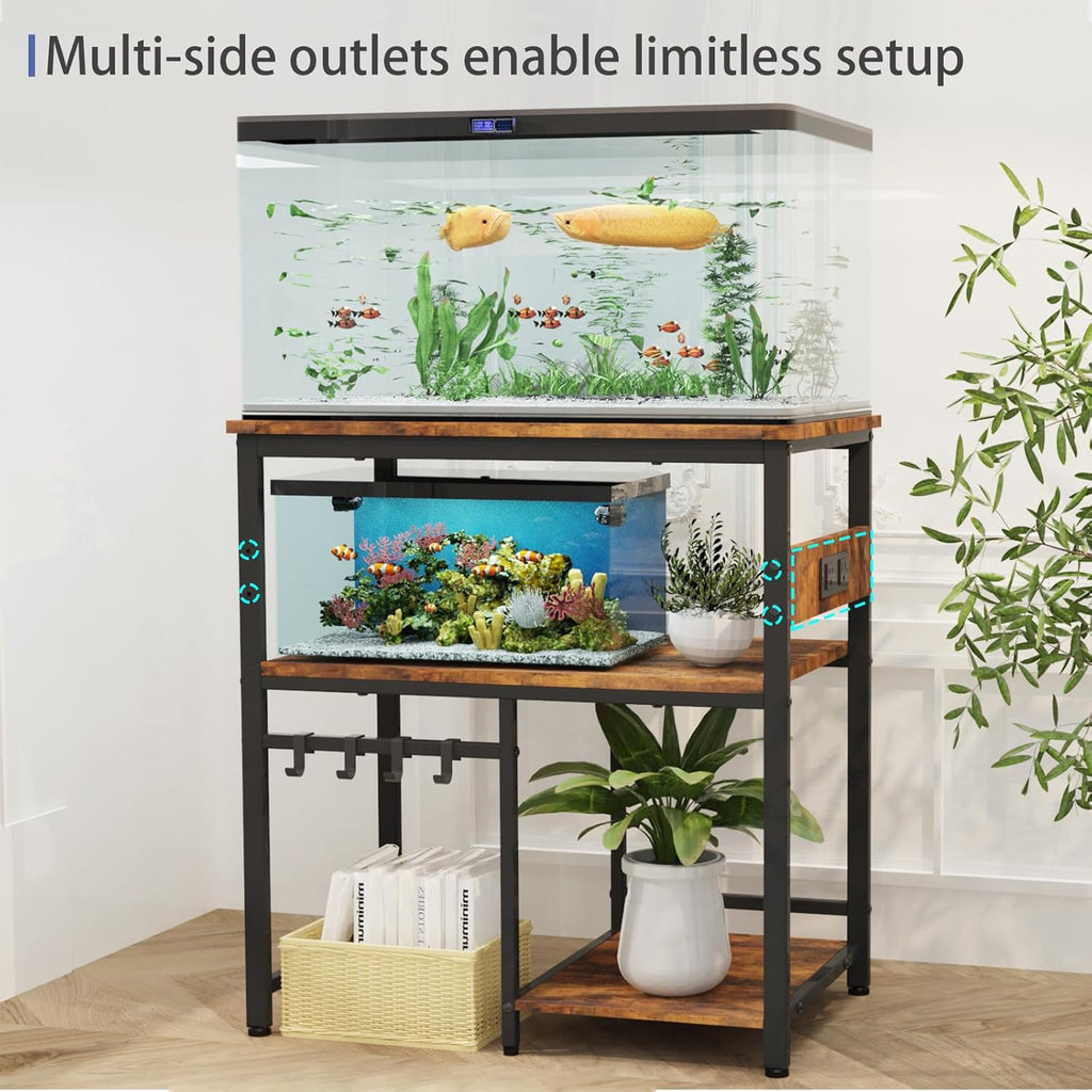 TFK 20-29-37 Gallon Fish Tank Stand, 3-Tier Aquarium Stand with Power Outlet Reptile Tank Stand Heavy Duty Terrarium Stand for Home Office, Brown