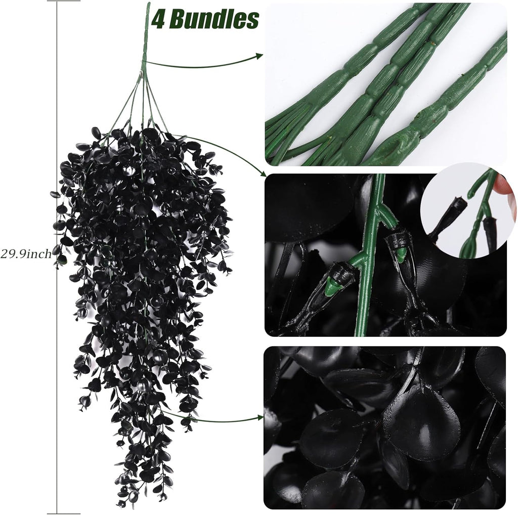 RECUTMS Artificial Plant Hanging Eucalyptus Leaf Fake Outdoor Faux Plastic Greenery for Wall House Room Patio Indoor Home Shelf Office Decor (Black)