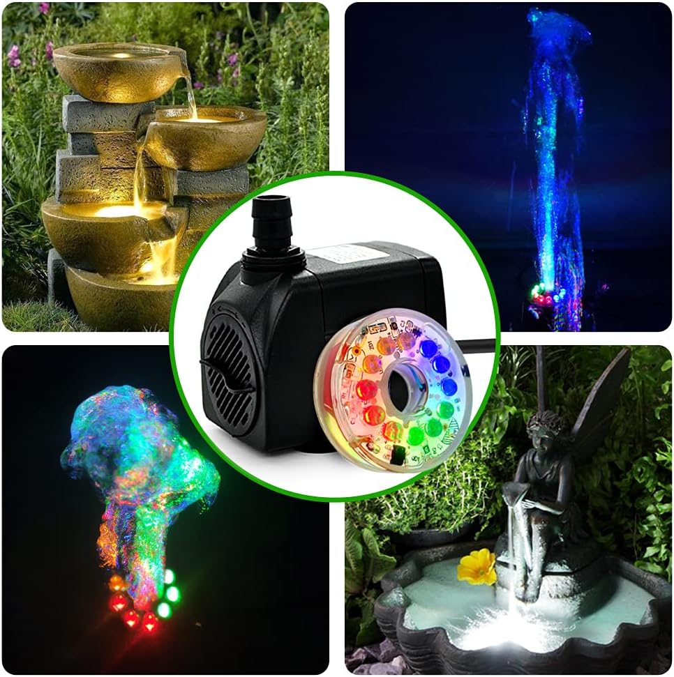PULACO 160GPH Small Fountain Pump, 10Watt Submersible Pump with Automatic Color Changing LED Light and 3.3 ft Tubing for Water Feature, Outdoor Pond, Aquarium fish tanks