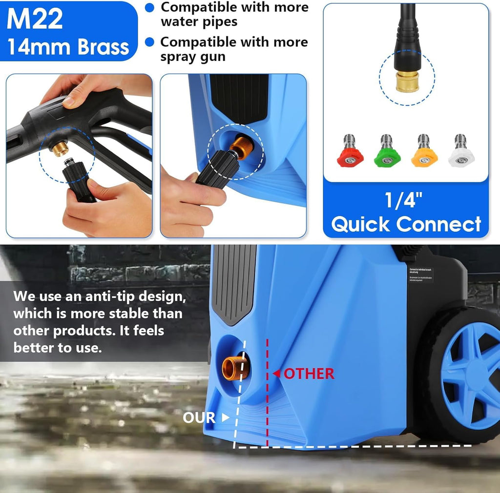 Pressure Cleaner 5000 PSI,2.8 GPM Power Cleaner with Foam Cannon,Portable Cleaner with 33ft Hose Reel,4 Nozzle Tips,and Soap Bottle for Cars/Home/Driveways/Patios/Decks/Fences(Blue)