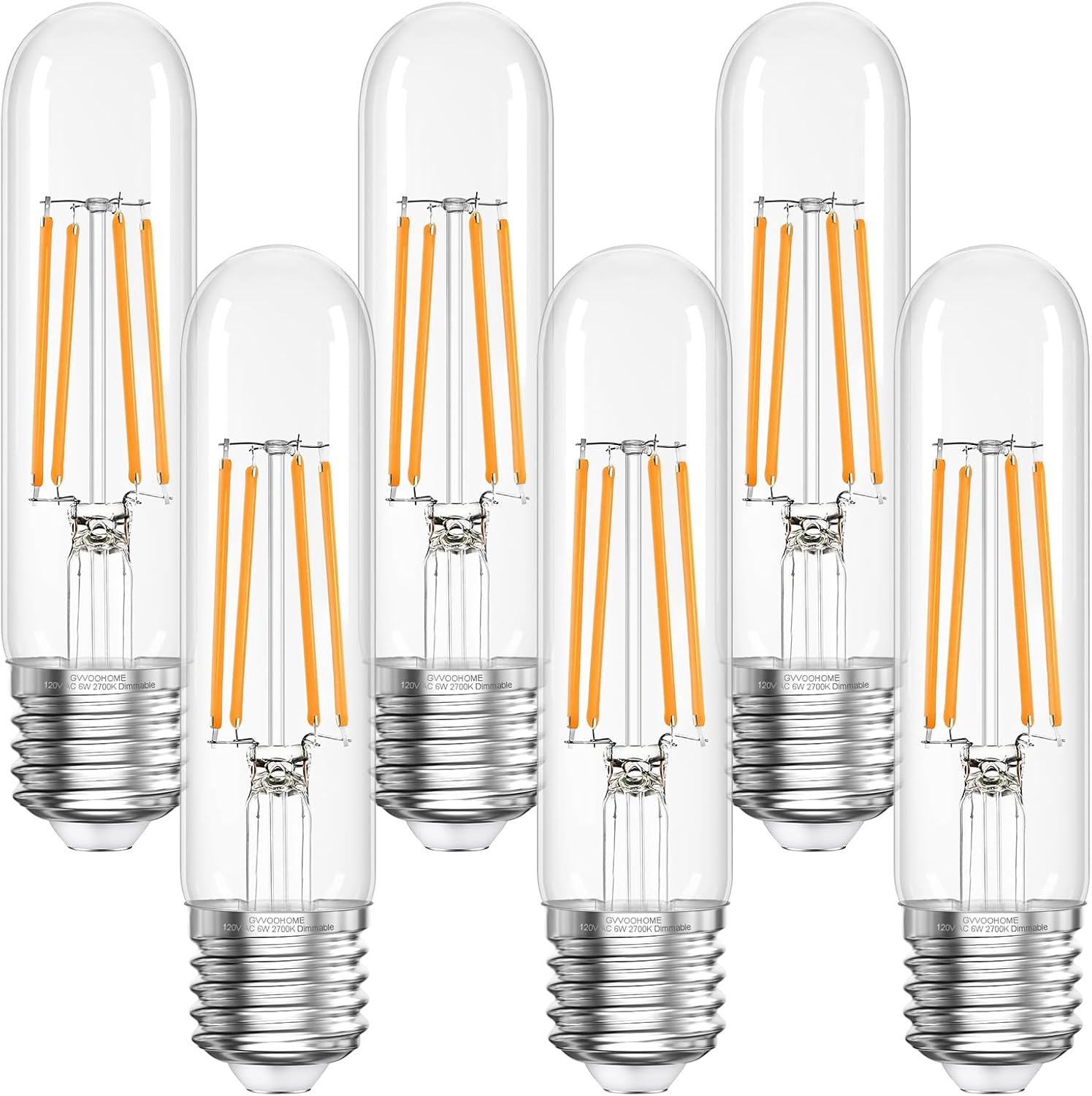 Tubular Light Bulb,T10 E26 LED Bulb Dimmable 2700K Warm White, 6W, 60 watt Equivalent, e26 Edison Bulbs for Chandeliers, Ceiling Fan, 90+CRI 600LM, 6 Pack
