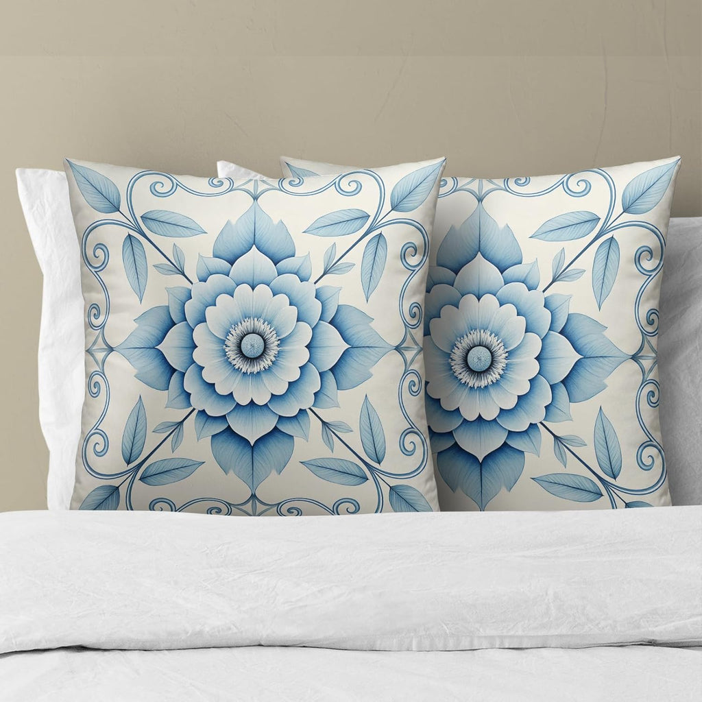 Boho Chic Blue White Floral Throw Pillow Covers Set of 2 Ultra-Soft All-Season Pillow Shams with Hidden Zipper,Durable for Sofa Bed Car Decor & Gift Luxury 18x18IN