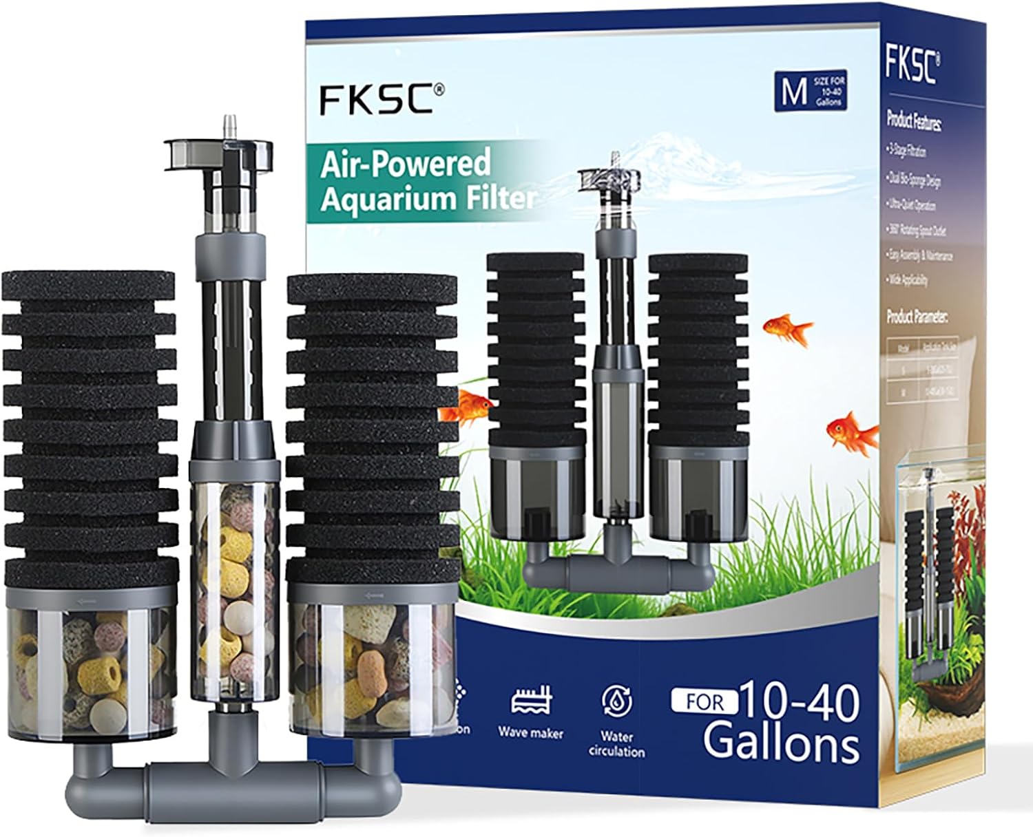 Dual Sponge Aquarium Filter, Air-Powered, 10–40 Gal – Ultra-Quiet Bio-Sponge Filtration | Freshwater & Saltwater | Easy Setup