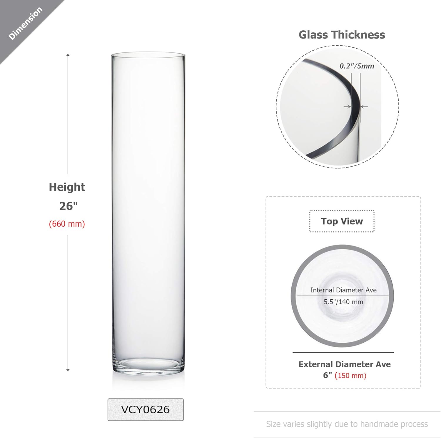 WGV Cylinder Vase, Width 6", Height 26", Clear Tall Glass Container Terrarium Candle Holder for Wedding Centerpiece, Party Event, Home Office Decor, 1 Piece