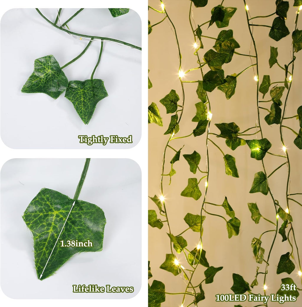 33ft 100 LED Vine with Fairy Lights with Remote，Artificial Greenery Ivy Leaf Garland String Lights，Leaf for Bedroom, Room, Wall, Garden, Party, Wedding Decor (Warm White)