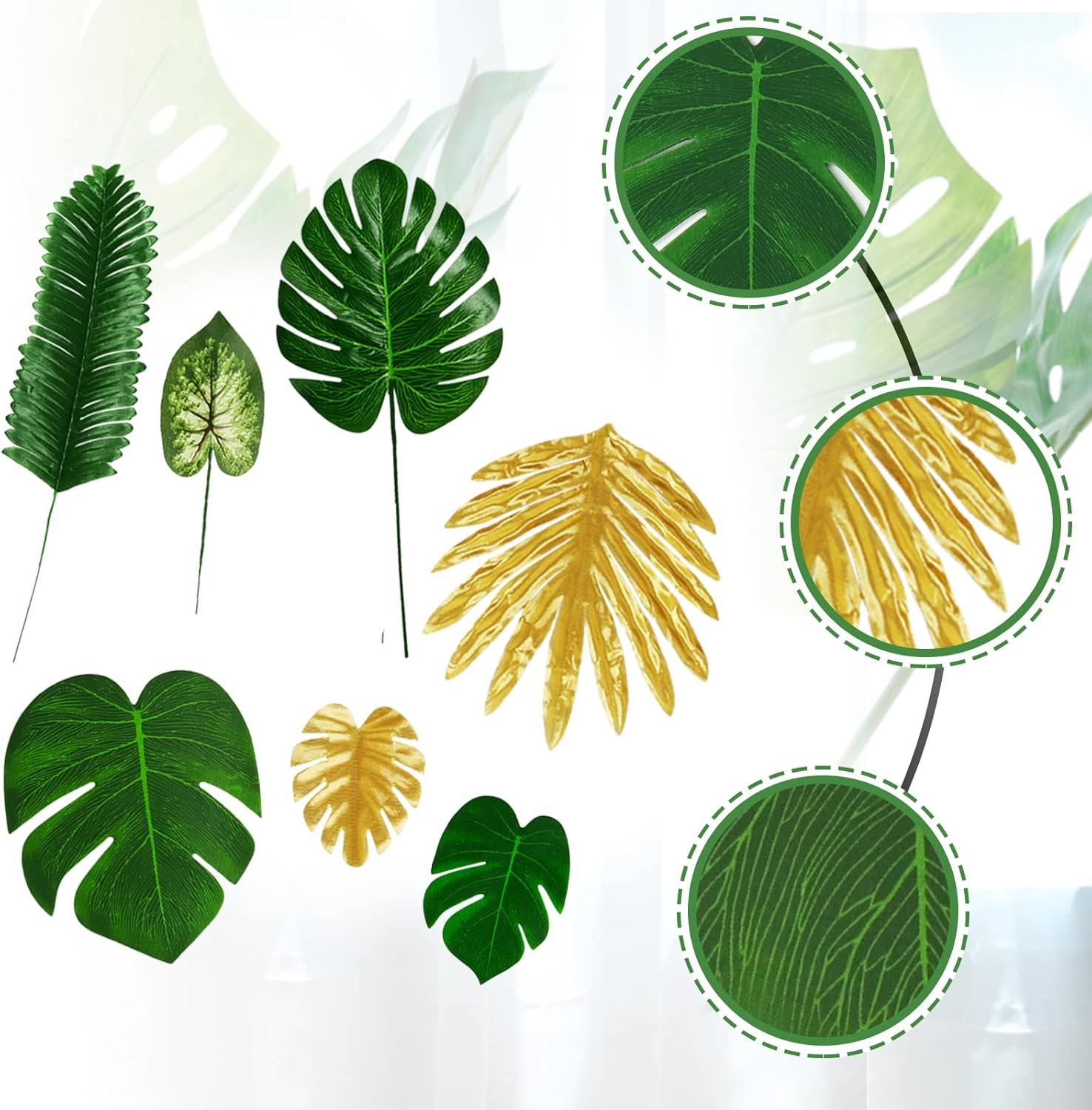 Tropical Party Decorations, 50 Pieces 7 Kinds Artificial Palm Leaves Green and Gold Tropical Monstera Leaves with Stems for Hawaiian Luau Party Jungle Beach Table Leave Decorations