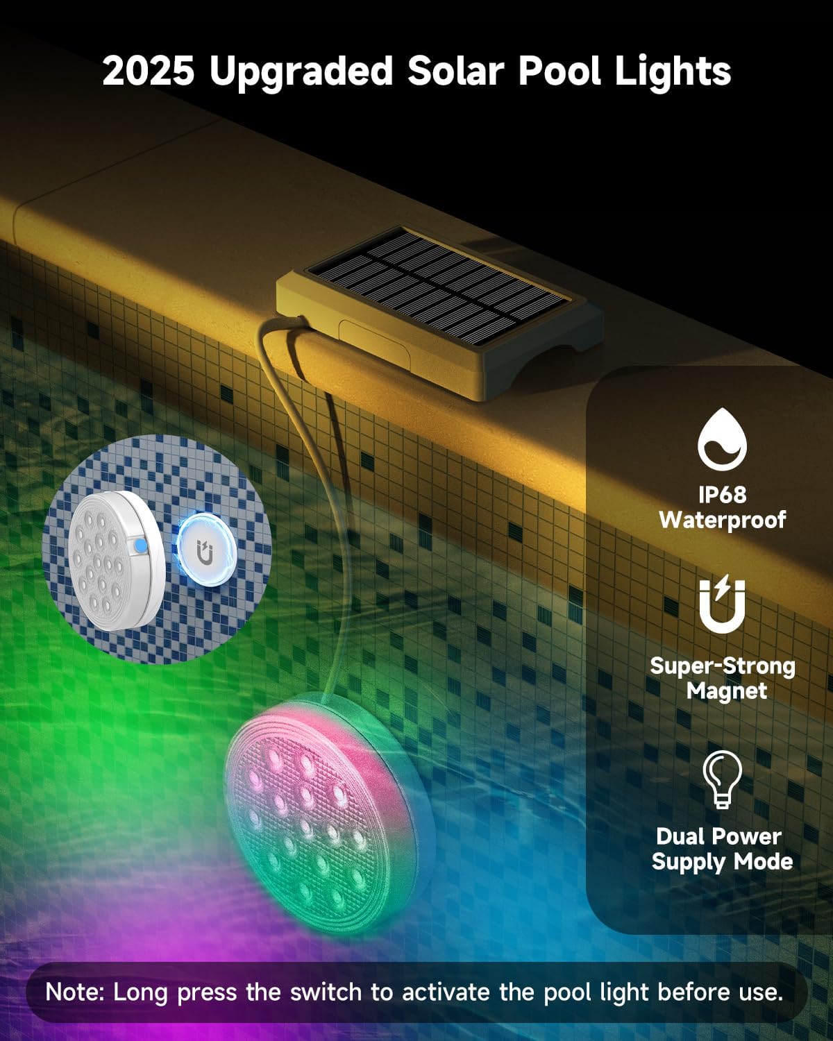 Solar Pool Lights, Rechargeable Submersible LED Lights with Remote, IP68 Waterproof Built-in Magnet Solar Underwater Light for Above Ground/Inground Pools, Pond Decoration(4 Pack)