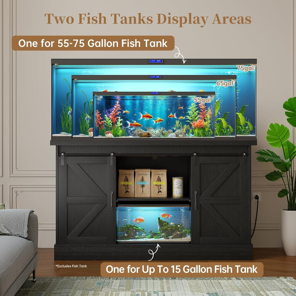 55-75 Gallon Fish Tank Stand with Sliding Barn Doors & Power Outlet, Heavy Duty Aquarium Stand with Cabinet Storage for Fish Tank, Turtle Tank, Reptile Terrarium, 1000LBS Capacity