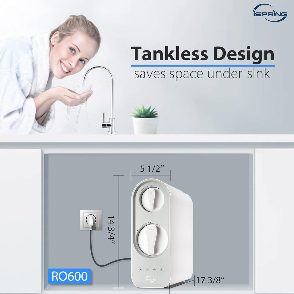 iSpring RO600BN Tankless Reverse Osmosis System Under Sink, 600 GPD Fast Flow RO System, 2.5:1 Pure to Drain Ratio RO Water Filter System, Brushed Nickel Faucet, White