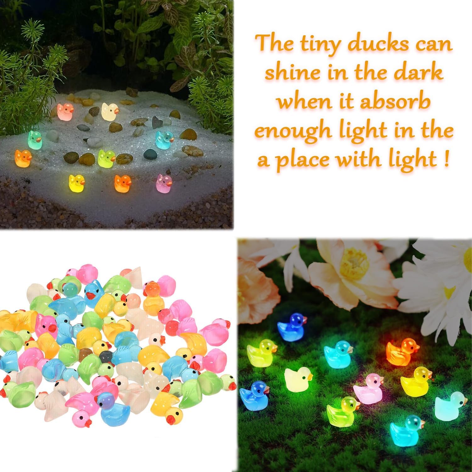 100 Pcs Luminous Mini Resin Ducks Tiny Glow in The Dark Duck Micro Garden Landscape Potted Plants Decoration Aquarium Dollhouse Ornament for Family Crafts Decor