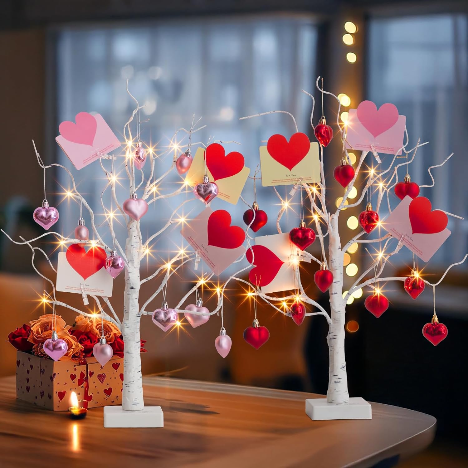 PEIDUO Valentine's Day Decorations, Set of 2 Gift Card Tree with 24 Hanging Heart Ornaments, for Home Indoor Bedroom Anniversary Wedding Party Decor, 6H/18H Timer