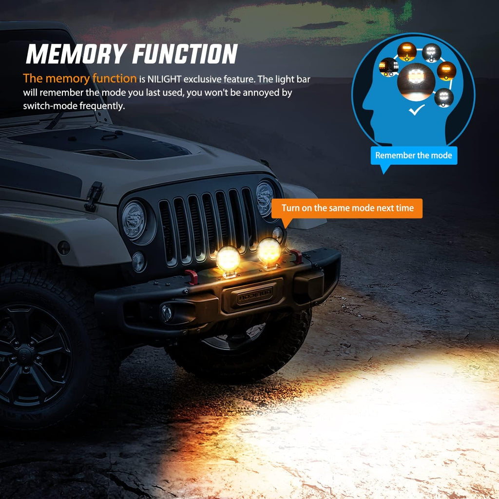 Nilight 2PCS 4.5 Inch 27W LED Light Bar Amber White Strobe 6 Modes Memory Function, Ideal for Fog & Snow, Off-Road Truck Car ATV JEEP Boat with 16AWG Wiring Harness Kit-2 Leads