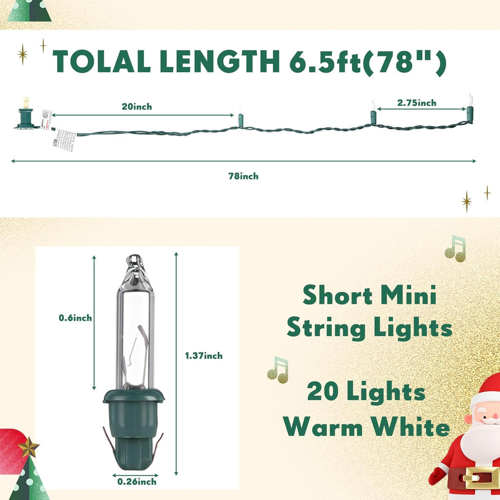Mini Christmas Lights String Warm White Vintage Short Strand String Lights, Clear Bulbs Wire Fit Light up Christmas Decorations(20 Bulbs No Connectable,6.5ft,Green)