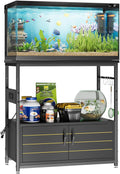 Bestier 20-29 Gallon Fish Tank Stand with Power Outlets, Metal Long Aquarium Stand with Storage Cabinet, 31x15 Reptile Terrarium Stand with Horizontal Gold Line, Stainless Hooks, 350 Lbs(Black)