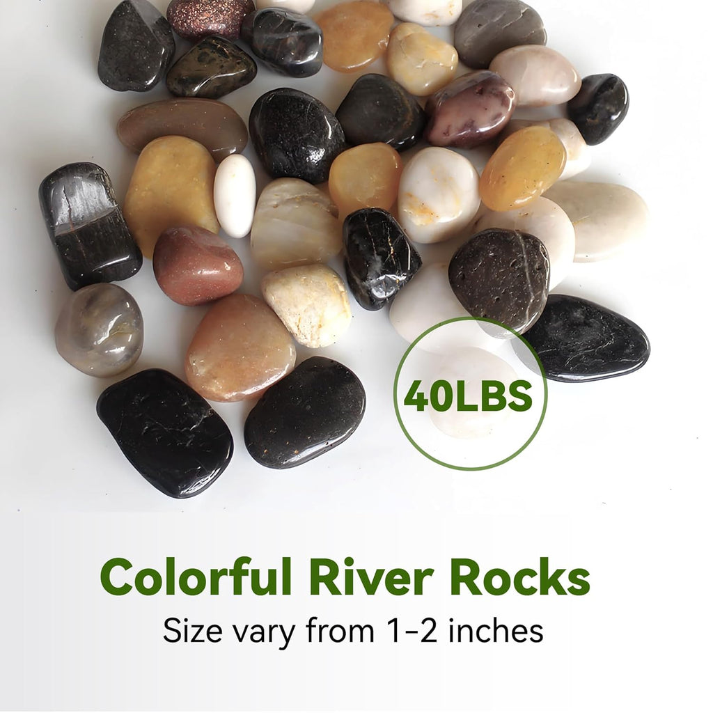 40 lbs Natural Polished River Rocks, 2-3 Inch Mixed Color Decorative Pebbles for Landscaping, Aquarium, Succulent Drainage, Plant Vase & Garden Decor (colorful-40LB)