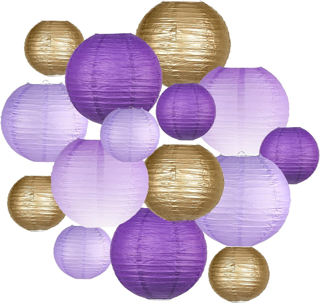 Paper Lanterns Decorative, Gradient Purple Round Hanging Paper Lantern Decorations for Purple Birthday Decorations Bachelorette Gender Neutral Baby Shower, 15Pcs