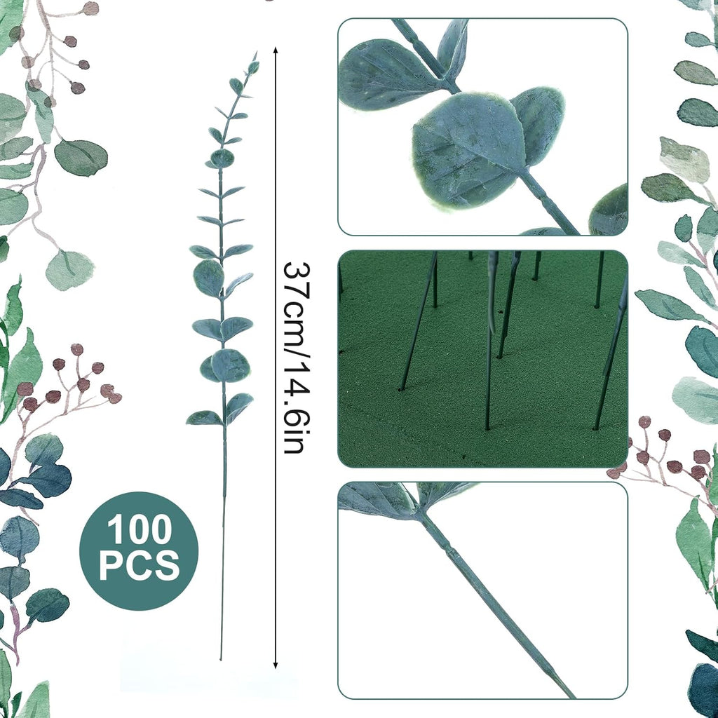 100 Pcs Faux Eucalyptus Stems - Realistic Dark Green Artificial Greenery for Wedding Centerpieces, Flower Bouquets, Farmhouse & Home Decor, Fake Eucalyptus Stems for Lush Arrangements