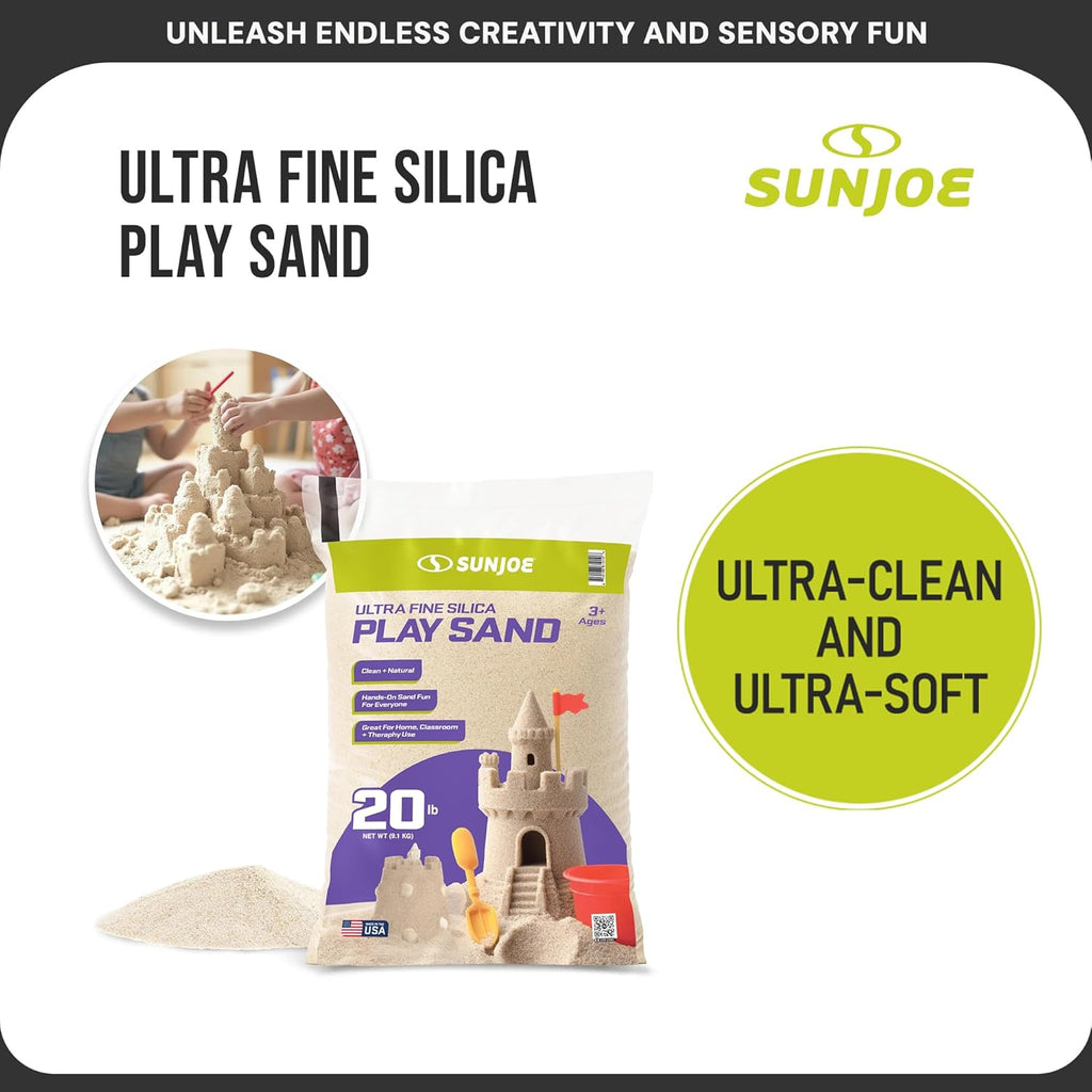 Sun Joe Silica Play Sand for Sandbox, Sensory Table & Garden Spaces, Ultra Fine, 20 Lb Bag - Indoor and Outdoor Natural Craft Accessory for Molding, Digging, Sculpting and Gardening, PLYSAND20