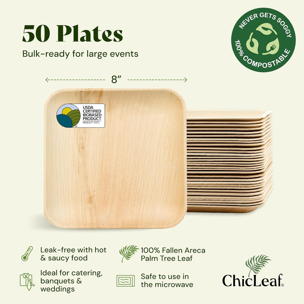 Chic Leaf Disposable Palm Leaf Plates - 50 Count, 8" Square, Christmas Meal - Bamboo Plates, Biodegradable & Compostable - Microwave Safe & Heavy Duty - Event & Party Supplies - Wedding Decor