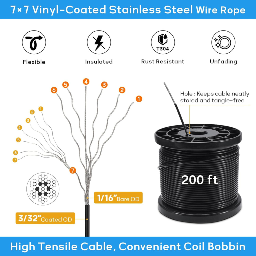 String Light Hanging Kit with 200FT Vinyl Coated Stainless Steel 304 Wire Rope Suspension Kit Included Enough Accessories with Turnbuckles and Hooks for Patio, Garden and Wedding Lighting