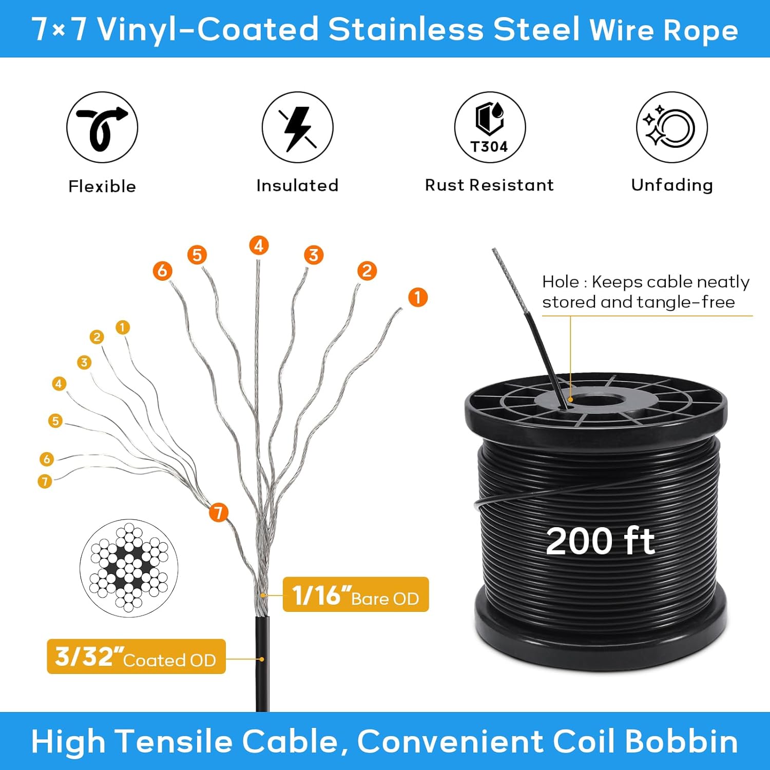 String Light Hanging Kit with 200FT Vinyl Coated Stainless Steel 304 Wire Rope Suspension Kit Included Enough Accessories with Turnbuckles and Hooks for Patio, Garden and Wedding Lighting