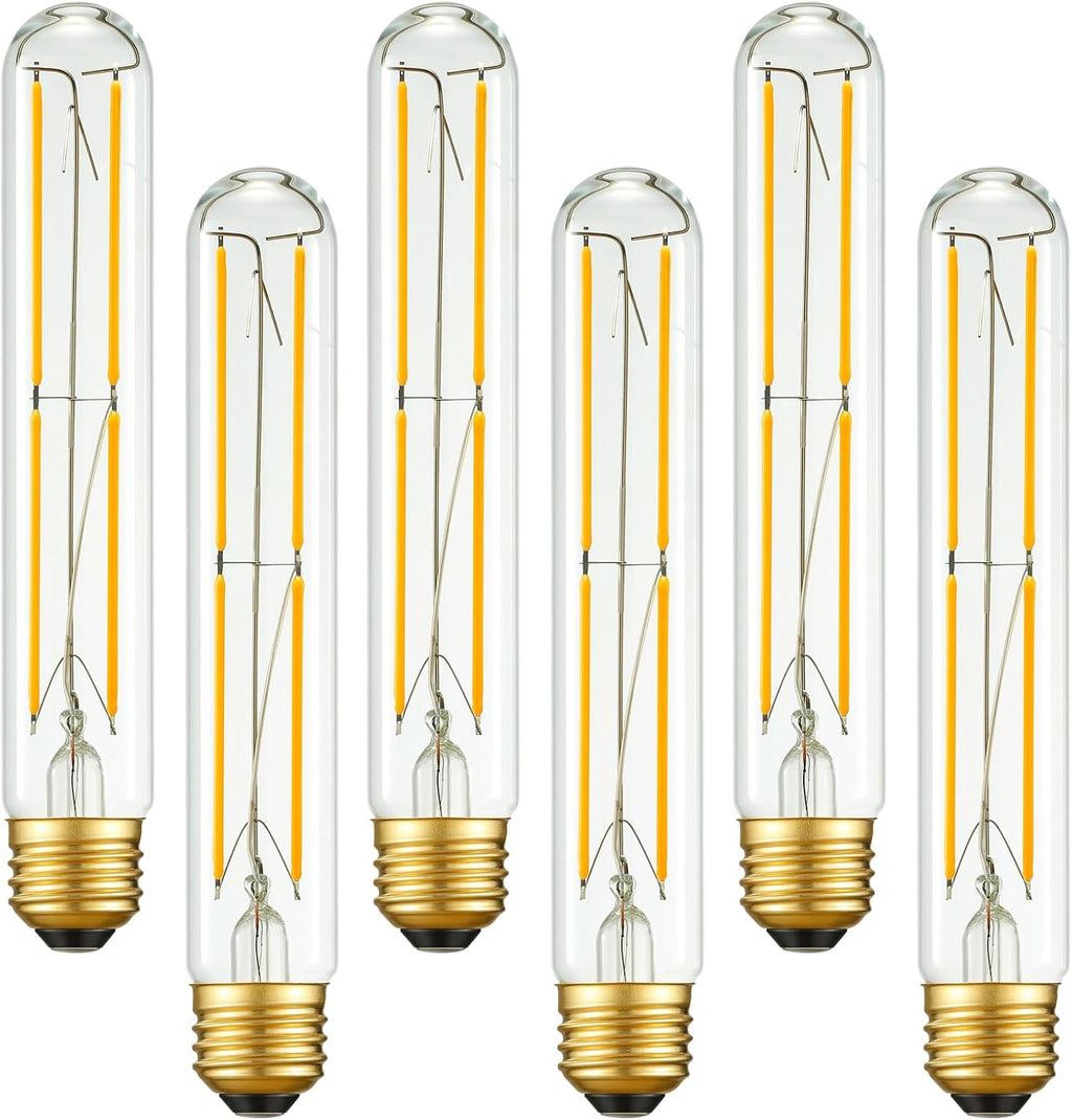 Arberlic 7.3 Inch T10 LED Bulb,6W Tubular Light Bulb Equivalent E26 led Bulb 60 watt dimmable,Warm White 2700K,600lm,CRI85+,AC120V,Clear Glass Long E26 Edison Bulb,Flicker-Free,Pack of 6