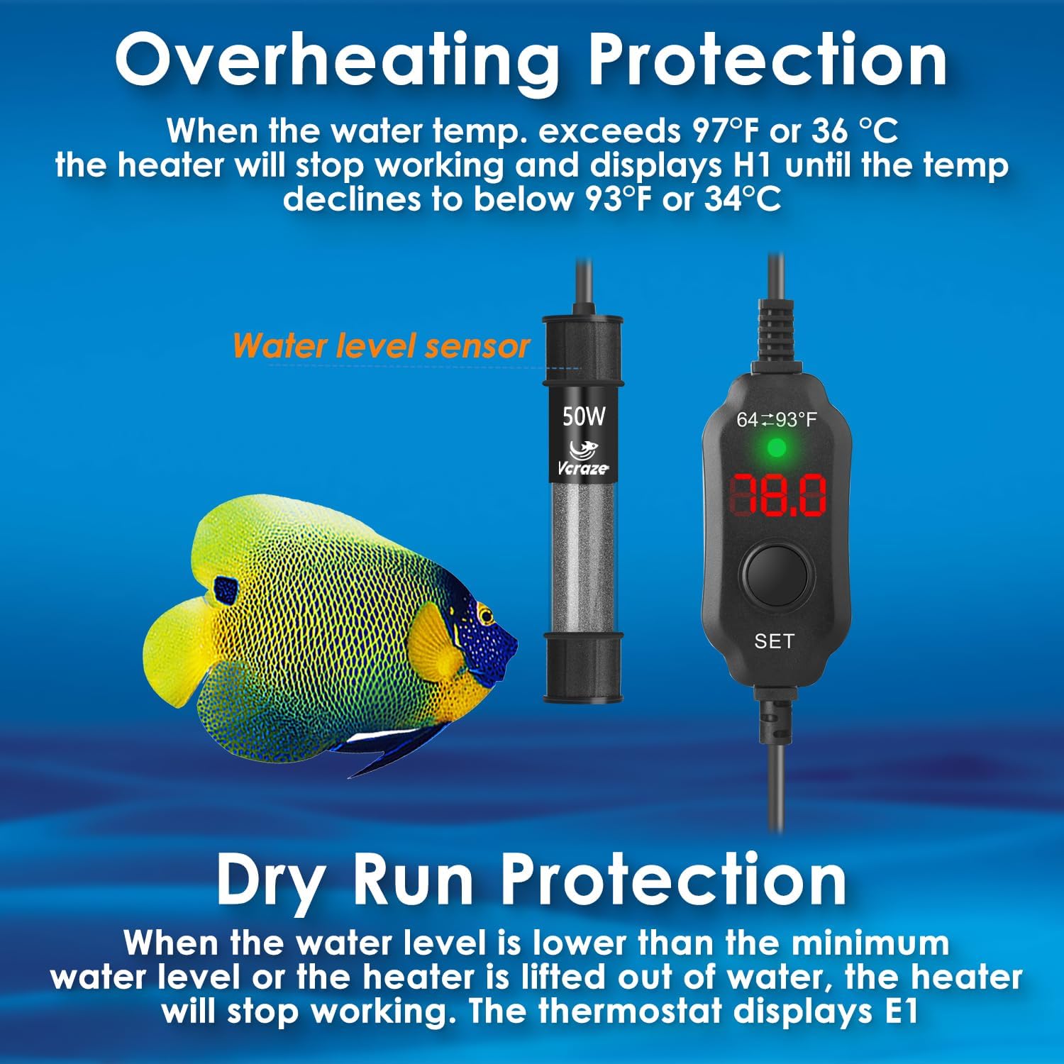Super Compact 50W Fish Tank Heater, Submersible Aquarium Heater with LED Digital Display Thermostat, Adjustable Fish Heater for 5-10 Gallon Tanks