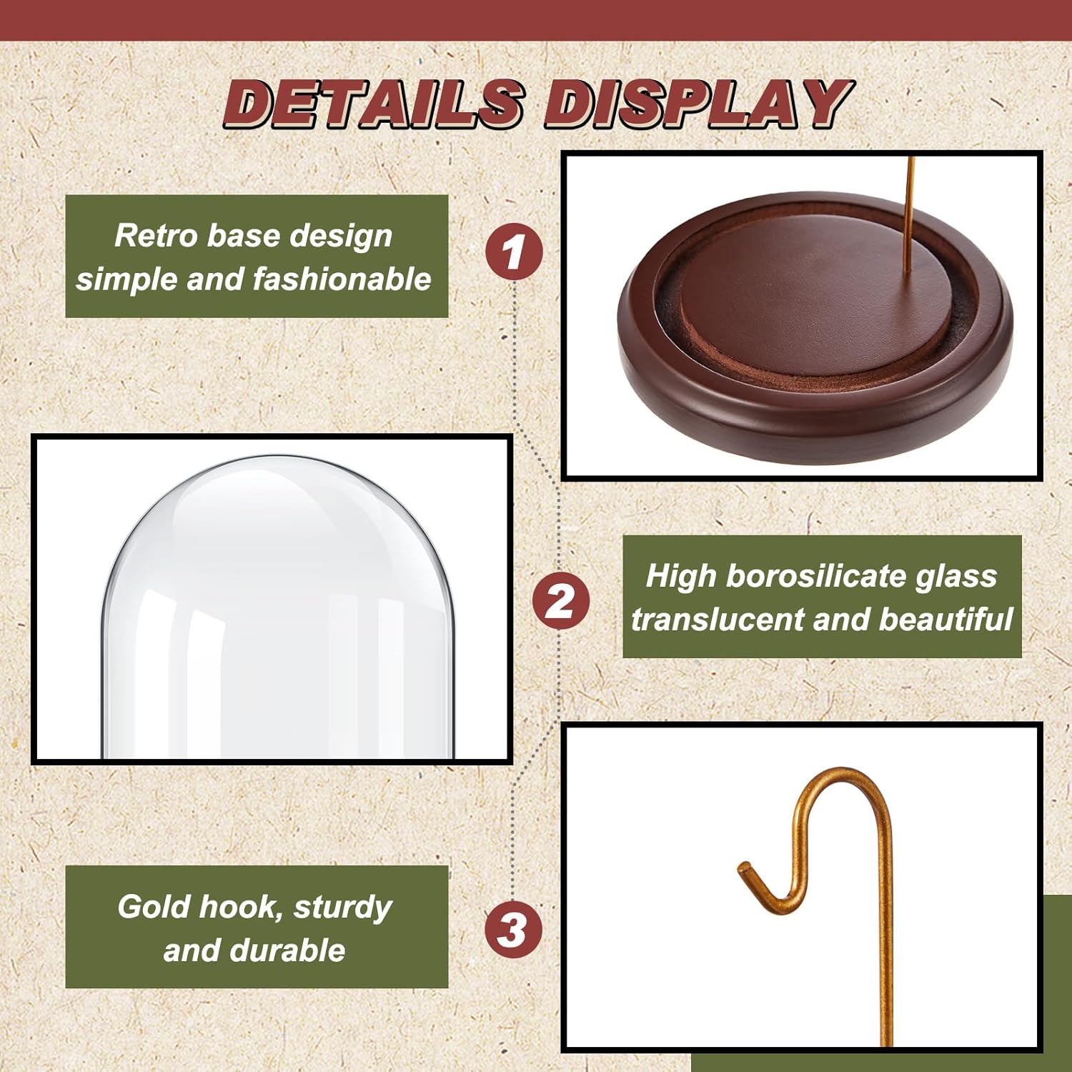 2 Pcs Pocket Watch Glass Display with Hooks Dome Cloche with Wood Base Decorative Glass Display Dome Showcase for Watch Plants Medals Photos Collectibles Dark MDF Base(3" X 4",Gold Hook)