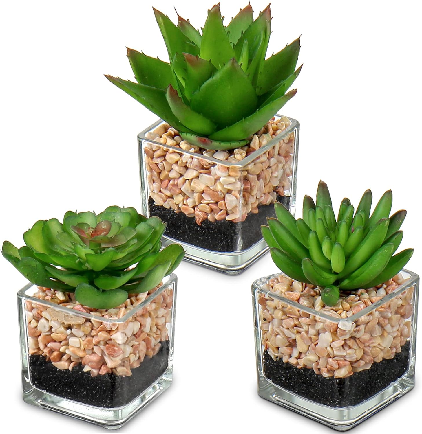 Briful Mini Fake Plants 3 Packs Cute Succulents Artificial Plants in Square Glass Vase Pot Potted Faux Succuletns for Living Room Dining Room Bathroom Kitchen Windowsill Table Decor