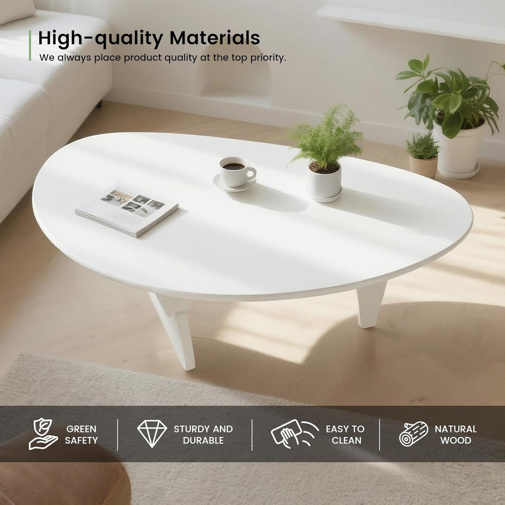 Solid Wooden Modern Triangle Coffee Table: Unique Funky Coffee Tables for Living Room, Oval Mid-Century Irregular Abstract Tea Tables for Patio Office Balcony Bedroom (White, 50" L x 31" W x 16" H)
