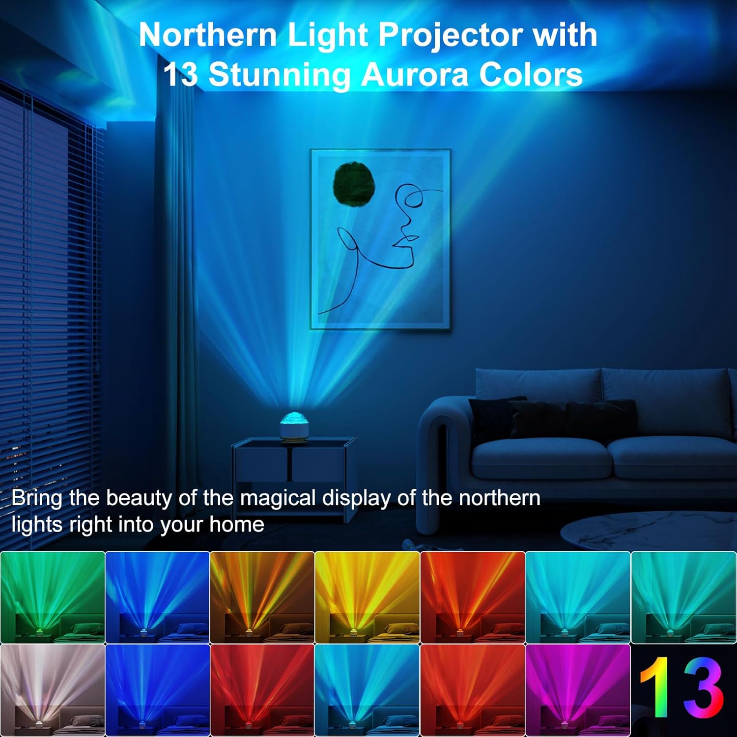 Northern Lights Projector, 13 Colors Aurora Night Light Projector for Bedroom, 3 Timers, Remote Galaxy Light Projector, Memory Function Dimmable Mood Lighting for Playroom Kids Teen Girl Gift