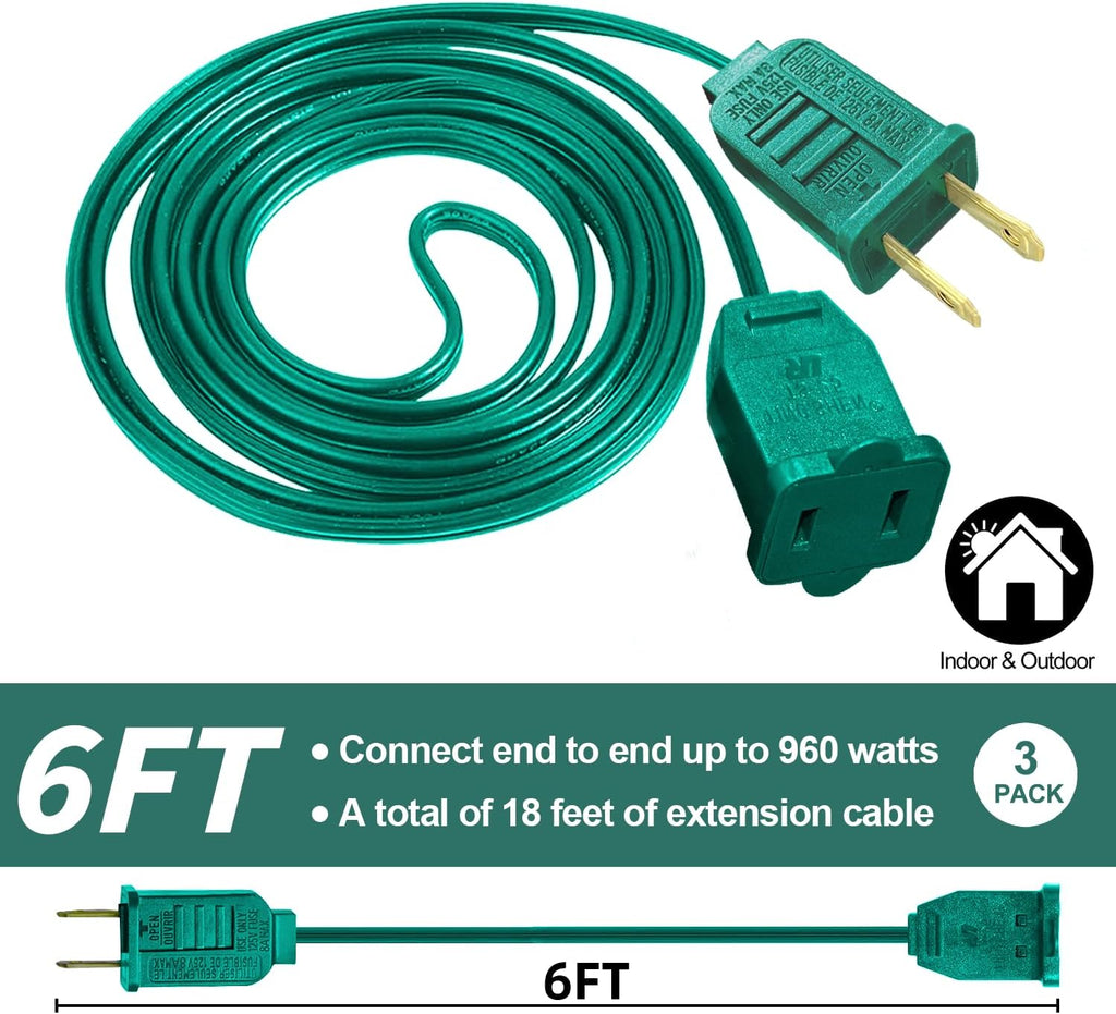 3 Pack #18 Gauge Green Extension Cord 6 Feet, Polarized Plug 2 Prong Outdoor Christmas Light Extension Cord - for Connect or Extend Indoor Outdoor Holiday Light, 120V / 8A / 960W (Total 18 Feet)