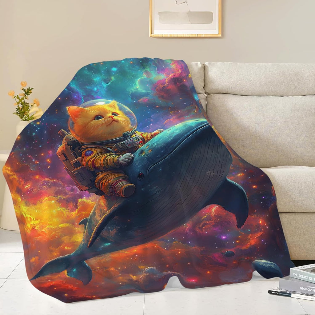 Funny Cat Throw Blanket Universe Space Whale Cat Stuff Gifts for Kids Girls Boys Adults Women Men Soft Cozy Warm Plush Fluffy Fuzzy Fleece Blanket Decor 60''X80''