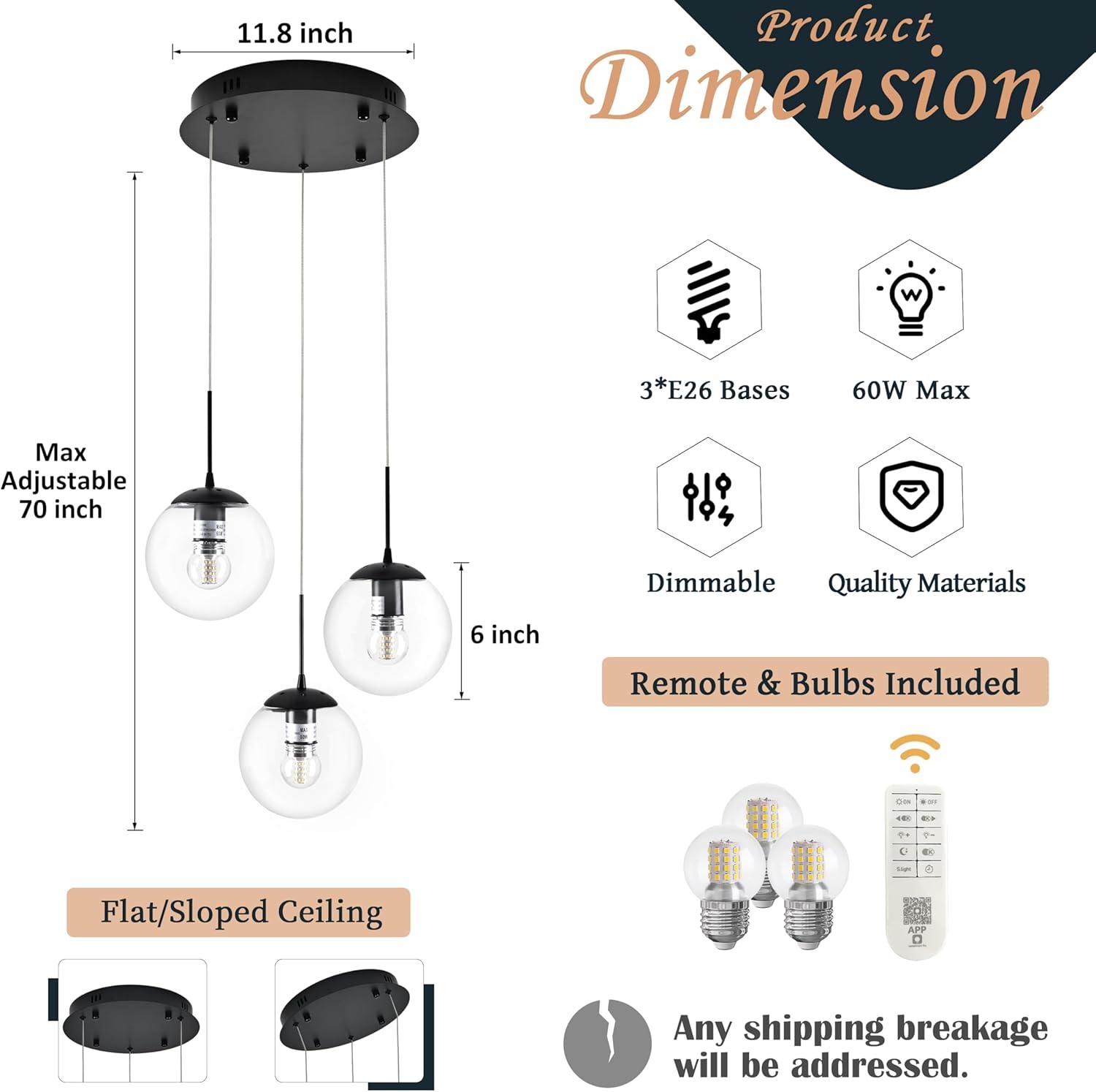 KoKo&Yukina 3-Light Globe Glass Pendant Light Modern Black Clear Globe Glass Chandelier Adjustable Length Pendant Lights Fixtures High Ceiling Light for Kitchen Island Foyer (Bulb & Remote Incl.)