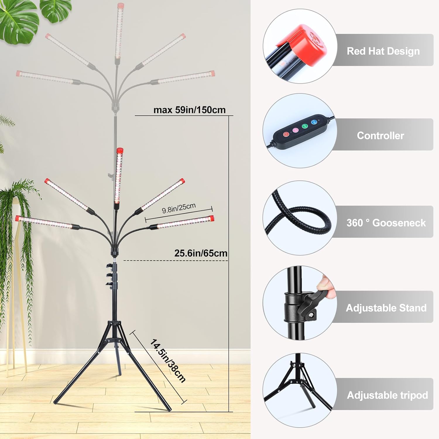 FECiDA Gamechanger! 45W 5Head Tripod Stand Tall Plant Light, 2025 Grow Lights for Indoor Plants with Stand for Bonsai Tree, Big Plants, Full Spectrum Growing Lamp 4,8,12 Hr Timer