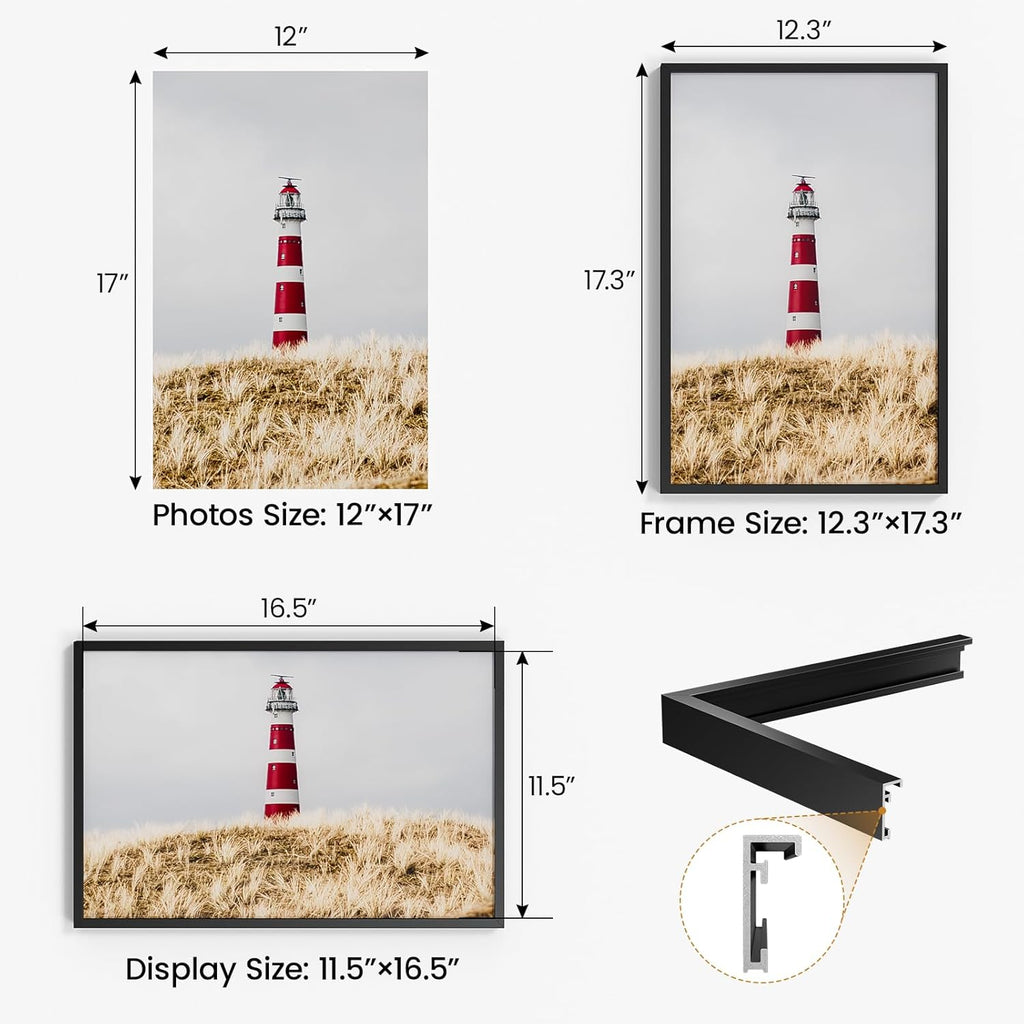 12x17 Aluminum Metal Picture Frame,Tempered Glass Black Photo Frame 12x17 for Family Photo,Posters,Art,Document to Wall Mount Horizontally or Vertically
